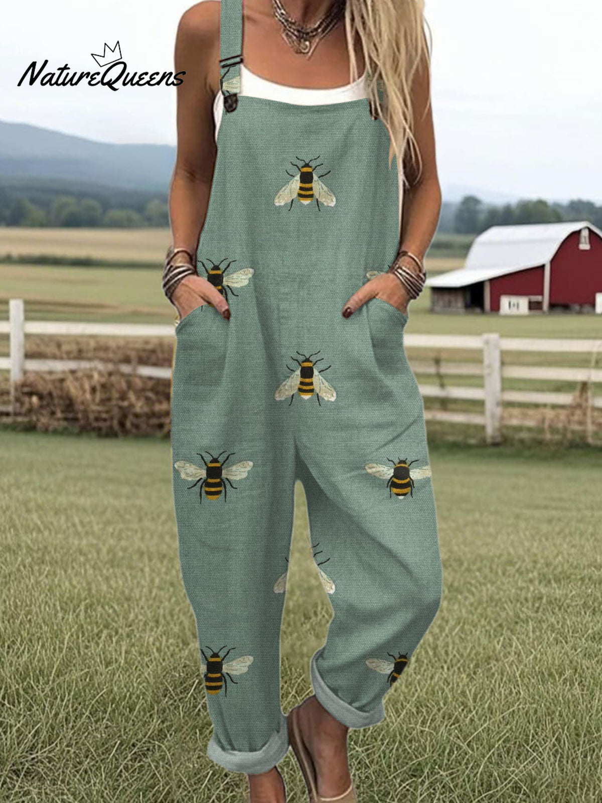 Women'sFunny Bee Art Print Casual 100% Cotton Wide Leg Jumpsuit