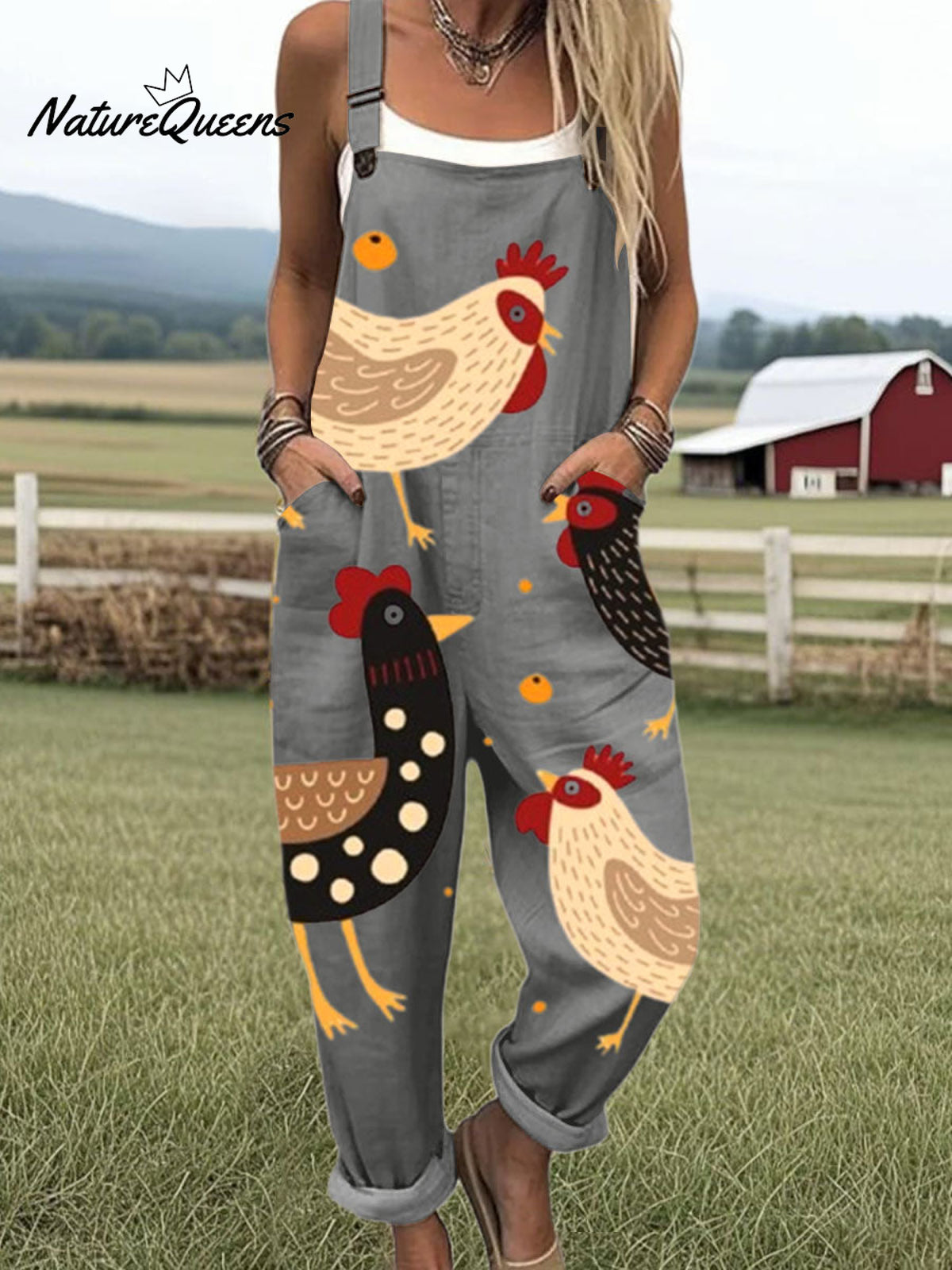 Women'sFunny Chick Art Print Casual 100% Cotton Wide Leg Jumpsuit