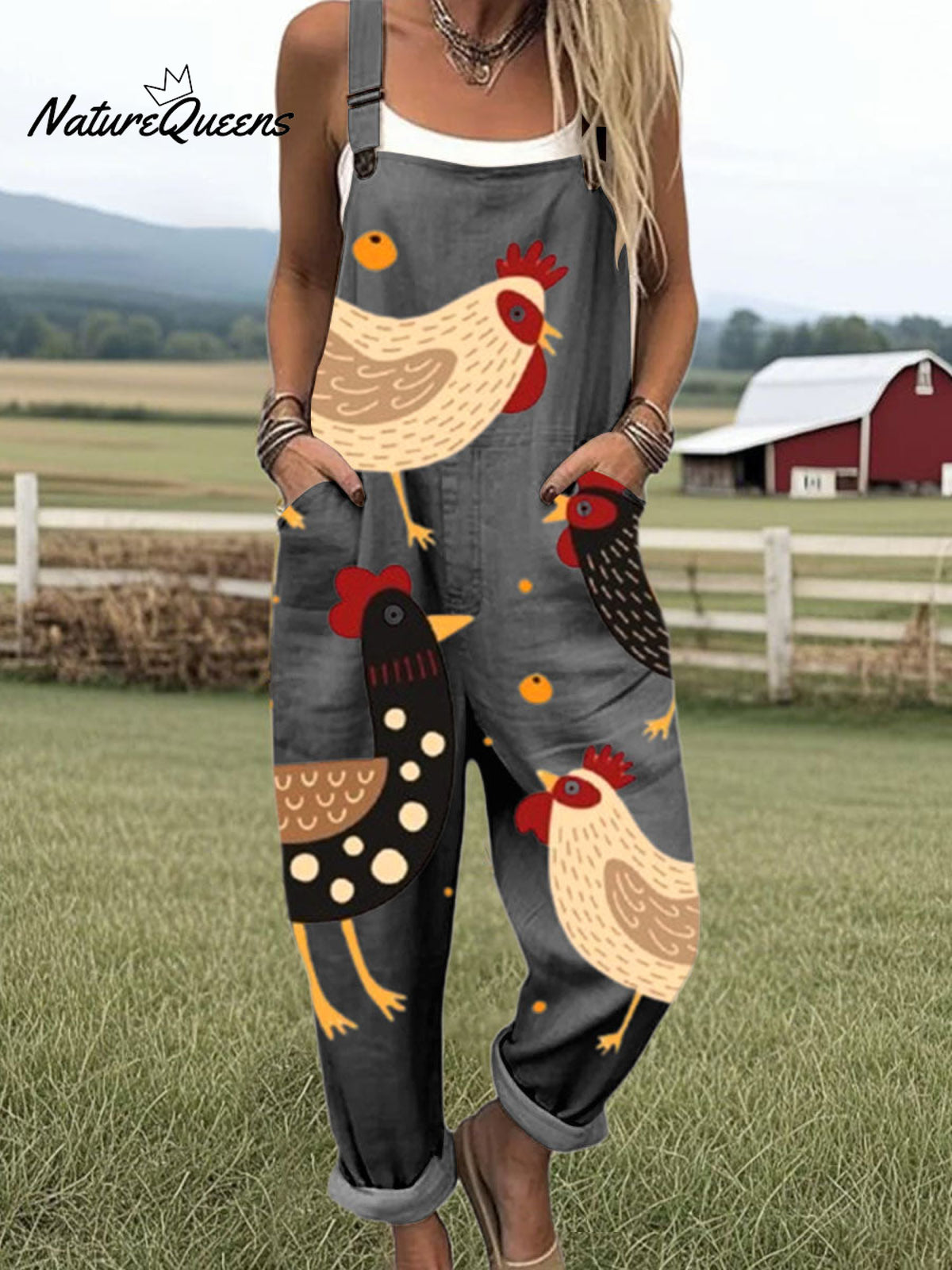 Women'sFunny Chick Art Print Casual 100% Cotton Wide Leg Jumpsuit