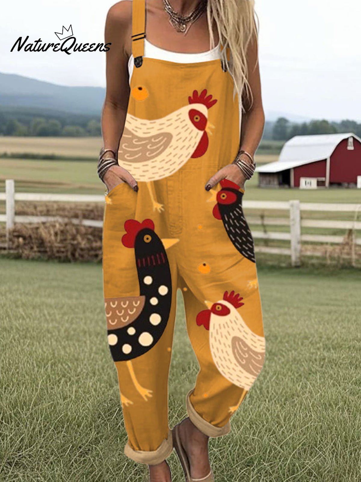 Women'sFunny Chick Art Print Casual 100% Cotton Wide Leg Jumpsuit