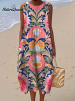 Women's Vintage Symmetry Flower Art Print Sleeveless Cotton Pocket Wrap Dress