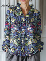 Women's Vintage Flower Art Print Casual Cotton And Linen Ruffle Shirt