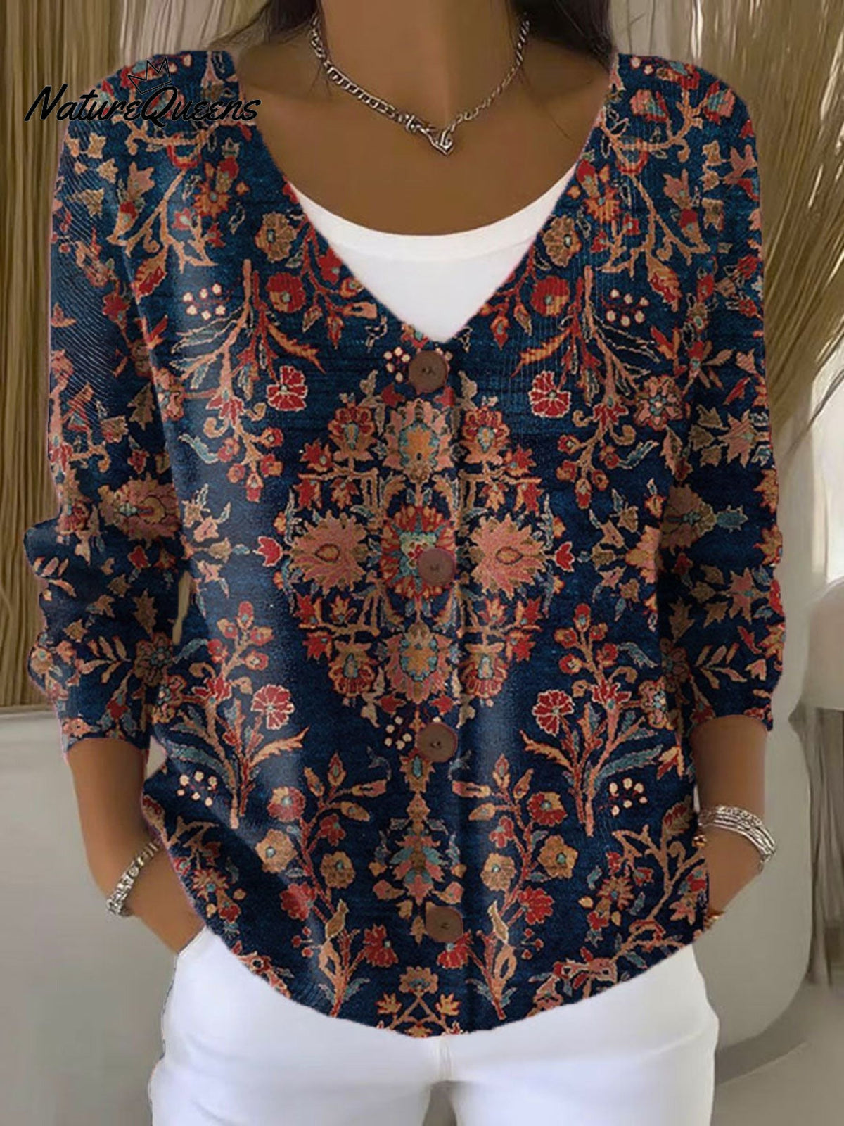 Women's Vintage Flower Art Print Linen Pocket Tunic Dress