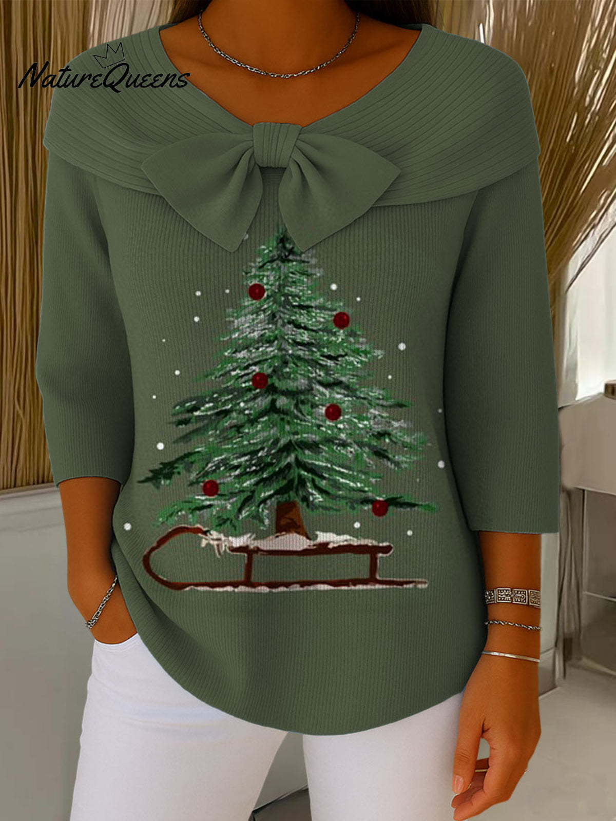 Vintage Christmas Tree Art Print Buttoned Cardigan Sweater