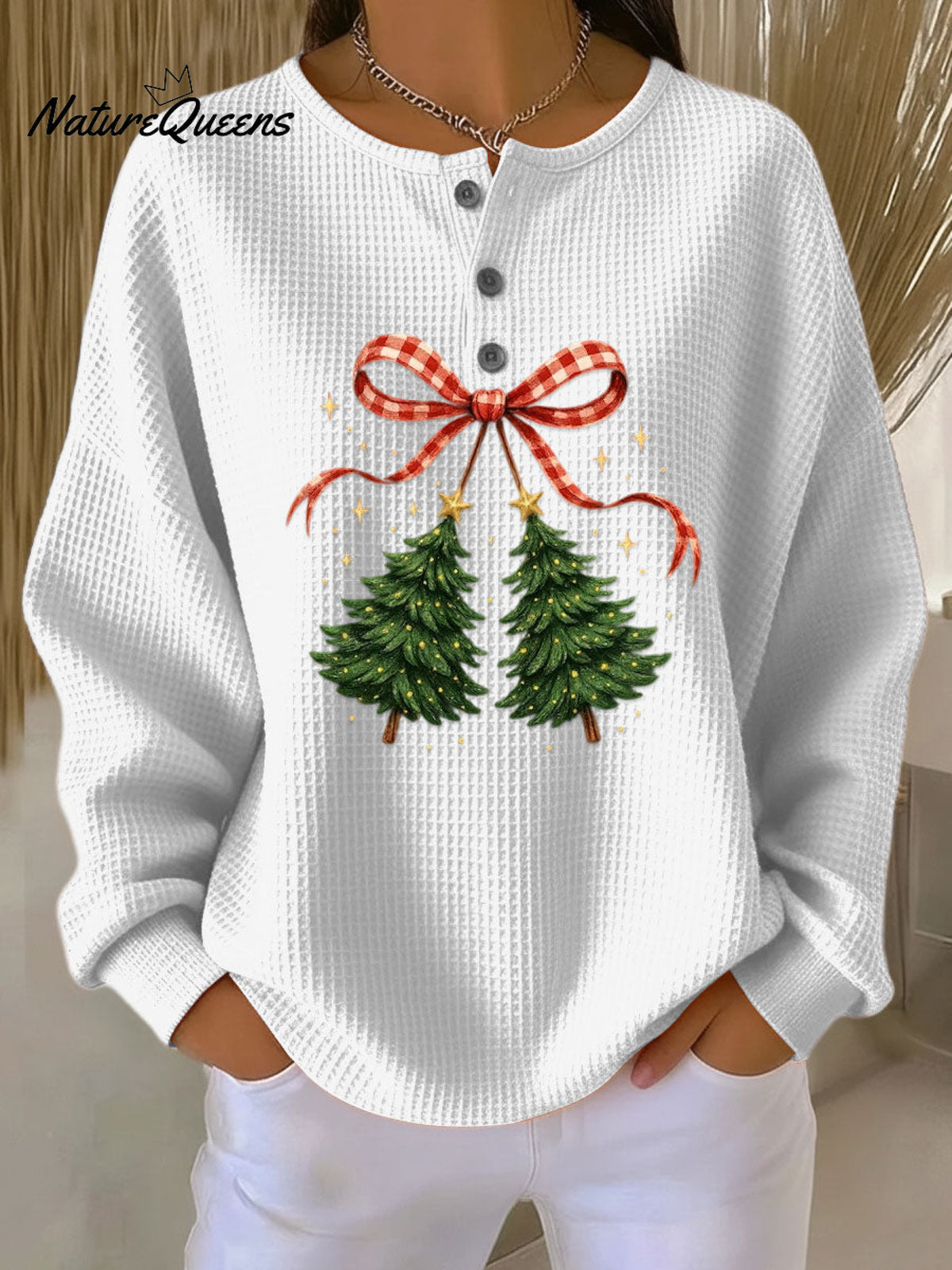 Women's Vintage Christmas Tree Art Print Casual Cotton Shirt