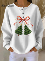 Women's Vintage Christmas Tree Art Print Casual Cotton Shirt