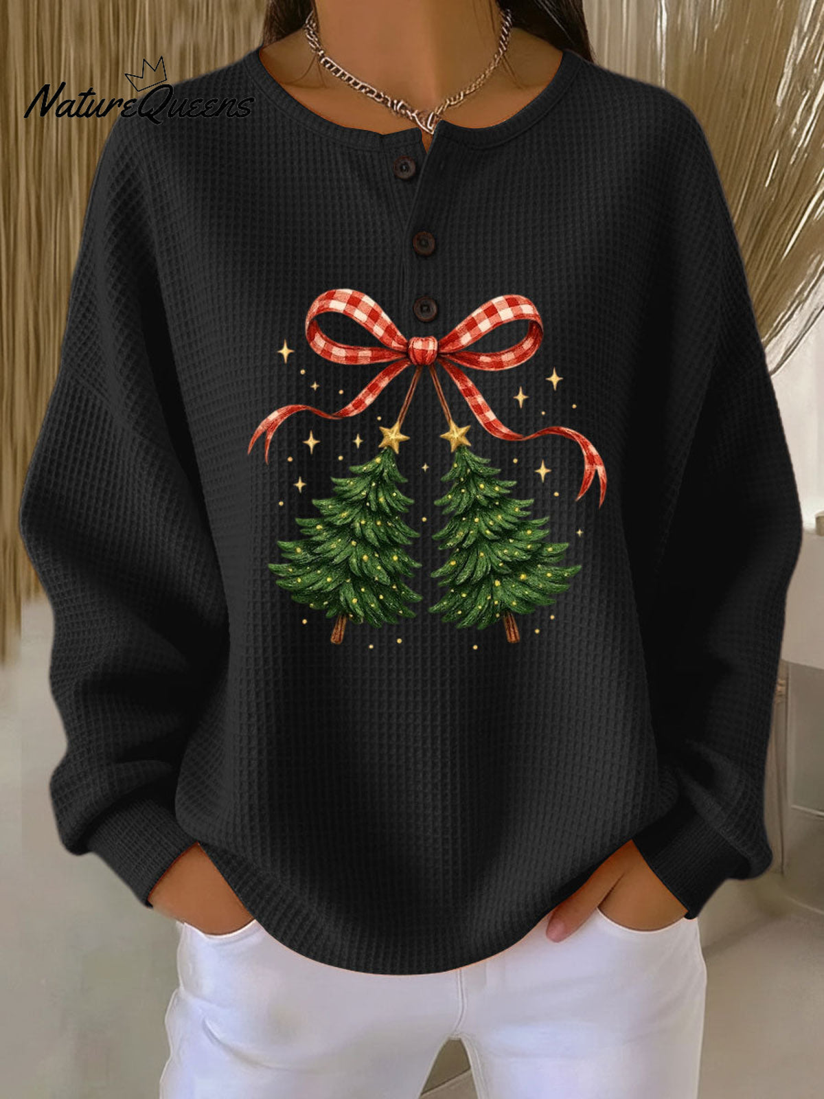 Women's Vintage Christmas Tree Art Print Casual Cotton Shirt