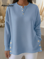 Casual Henley Neck Side Slit Button Waffle Pullover Top