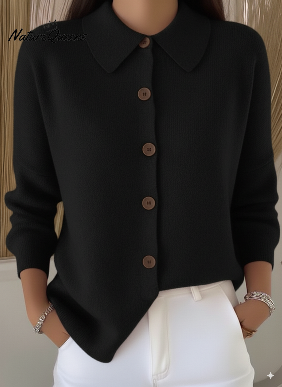 Peter Flip Soft Wool Collar Button-Down Cardigan Sweater Top