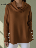 Retro Elegant Draped Collar Hem Slit Button Sweater Top