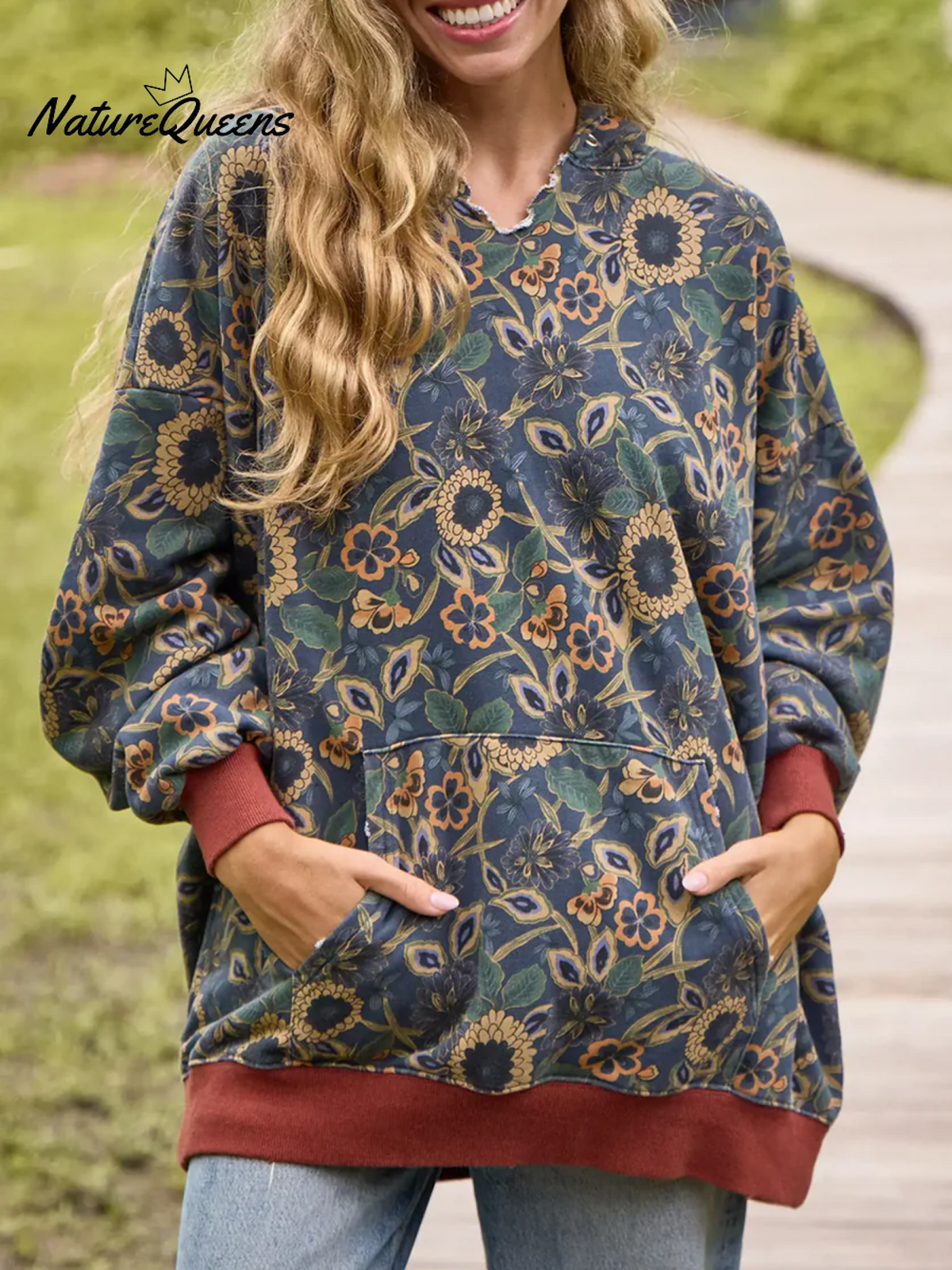 Women's Boho Floral Print Colorblock Cuff Cotton Hoodie