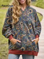 Women's Boho Floral Print Colorblock Cuff Cotton Hoodie