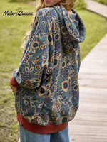 Women's Boho Floral Print Colorblock Cuff Cotton Hoodie