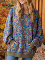 Women's Boho Floral Print Colorblock Cuff Cotton Hoodie