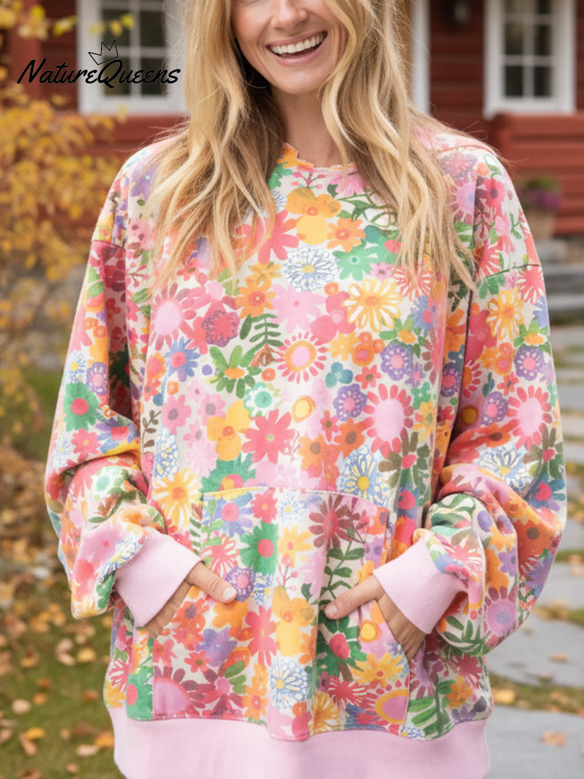 Women's Boho Floral Print Colorblock Cuff Cotton Hoodie