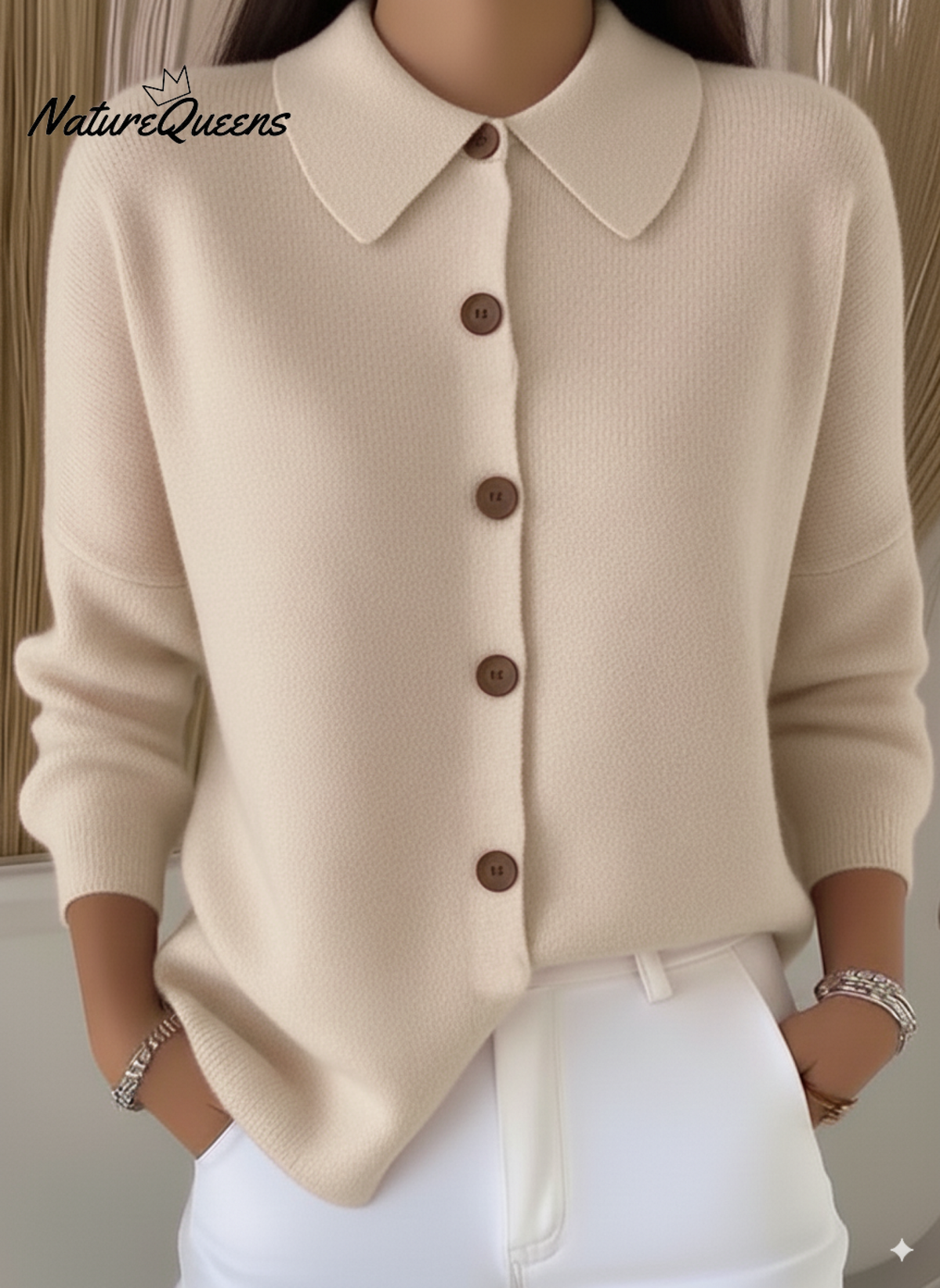 Peter Flip Soft Wool Collar Button-Down Cardigan Sweater Top