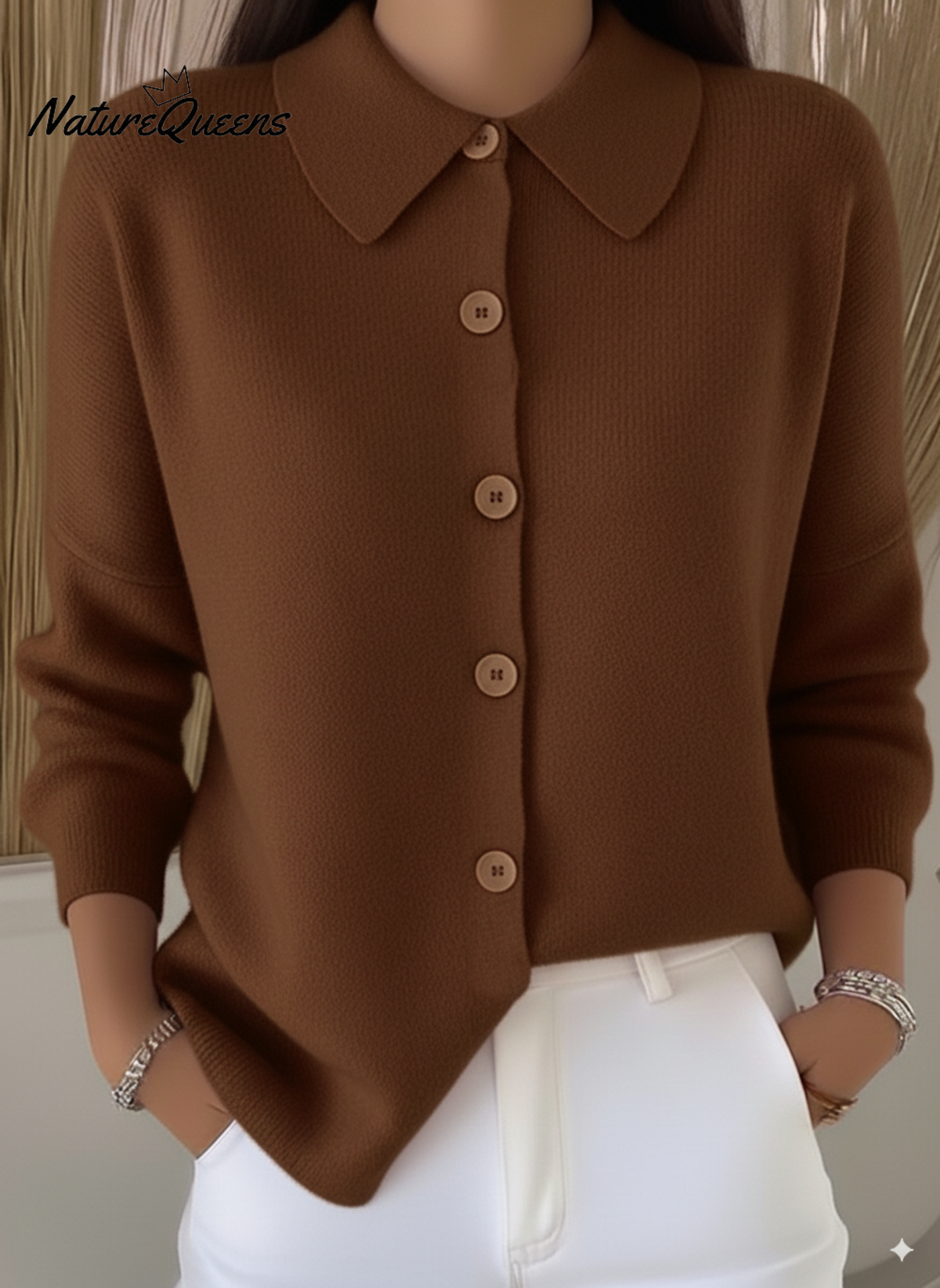 Peter Flip Soft Wool Collar Button-Down Cardigan Sweater Top