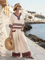 Women'S Casual V-Neck Printed Wide-Leg Pants Set