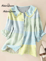 Women's Vintage Abstract Geometry Art Print Casual Linen V-neck Shirt