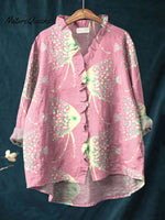 Women's Colorful Abstract Sea Fish Art Print Casual Cotton And Linen Ruffle Shirt