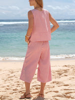 Women'S Round-Neck Striped Sleeveless Top And Capri Pants Two-Piece Set