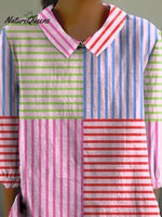 Multicolor Geometric Strip Pattern Printed Women's Casual Cotton And Linen 3/4 Sleeve Shirt