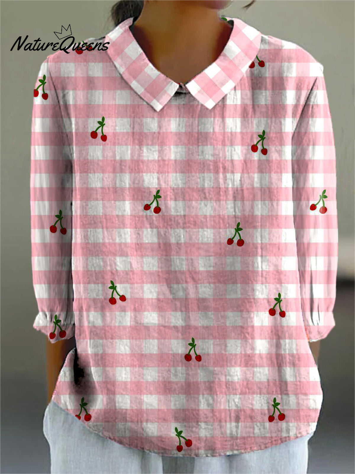 Lovely Summer Cherry And Plaid Pattern Printed Women's Casual Cotton And Linen 3/4 Sleeve Shirt