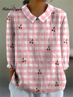 Lovely Summer Cherry And Plaid Pattern Printed Women's Casual Cotton And Linen 3/4 Sleeve Shirt