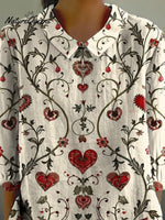 Vintage Heart Symmetrical Pattern Printed Women's Casual Cotton And Linen 3/4 Sleeve Shirt