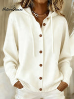 Women's Casual Retro Solid Color Knitted Hooded Cardigan