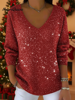 Women's V-neck Solid Color Loose Shiny Sweater