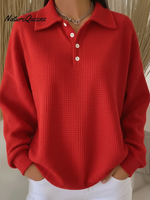 Women's Casual Polo Button Waffle Top Sweatshirt