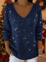 Women's V-neck Solid Color Loose Shiny Sweater
