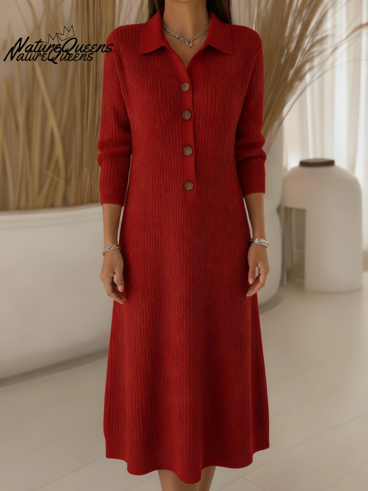 Classic Polo Collar Button Solid Color Knitted Midi Dress
