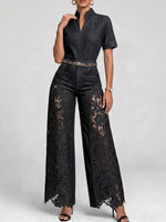 Women's V-neck Short-sleeve Cutout Lace Casual Loose-fit Wide-leg Denim Jumpsuit