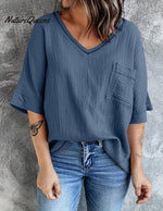 Women's V-neck Pocket Split Middle Sleeve Top Shirt