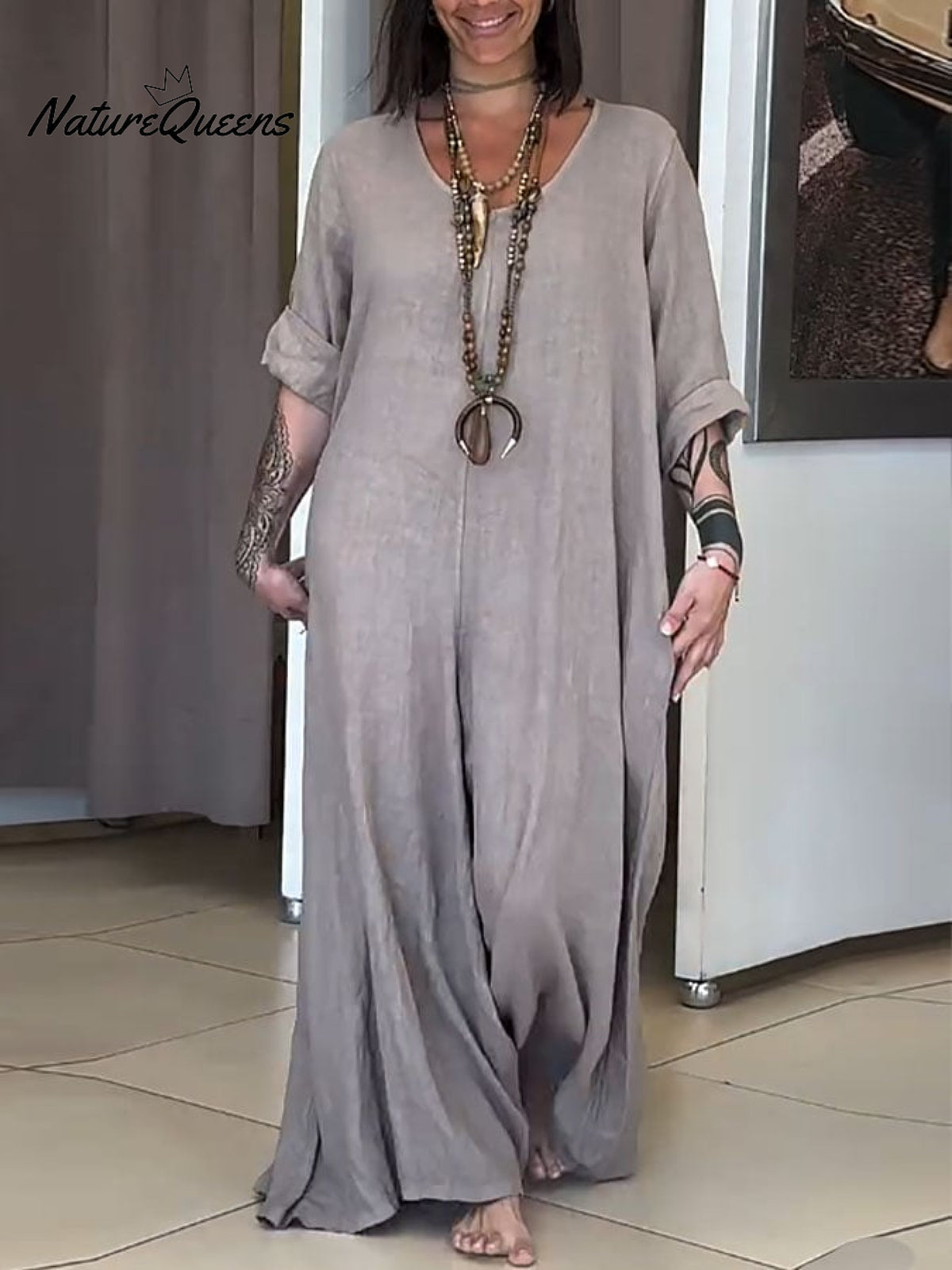 Women's Casual Solid Color V-Neck Mid-Sleeve Cotton and Linen Jumpsuit