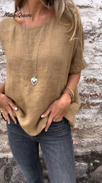 Solid Color Round Neck Half-sleeved Cotton Linen Blouse