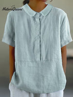 Women’s Solid Color Cotton And Linen Lapel Short Sleeved Casual Blouse Light Blue / M