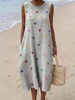 Women'S Casual Sleeveless Dress With Heart Print And Round Neckline