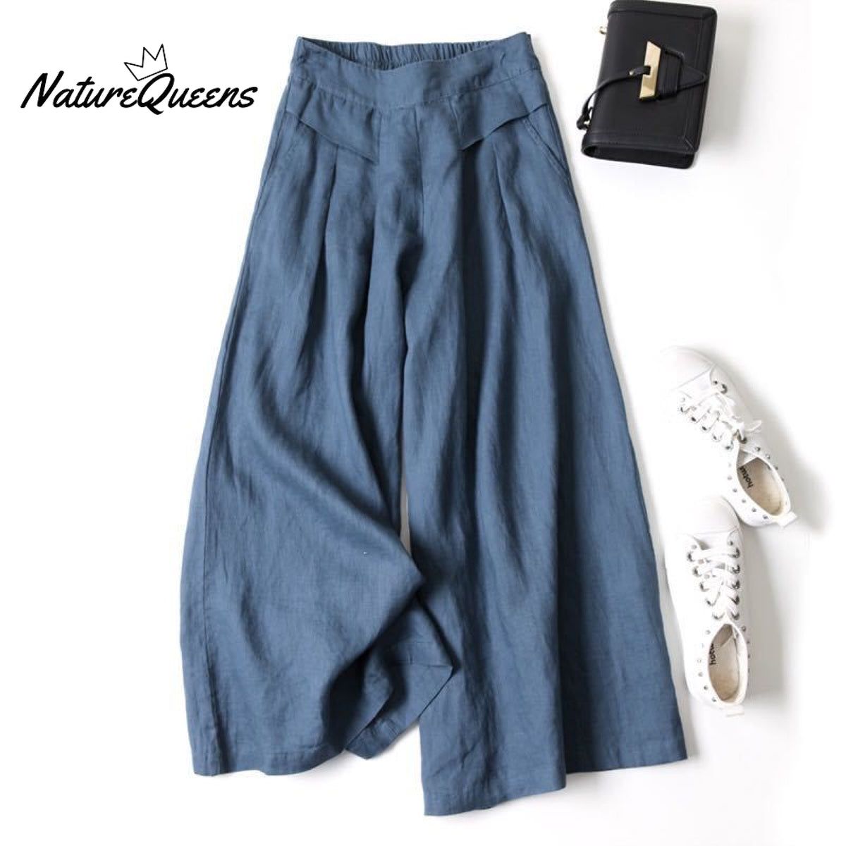 Cotton Linen Loose Semi - Elastic Cropped Pants Navy / S