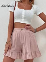 Women Summer Cotton Casual Plain Natural Ruffled Shorts