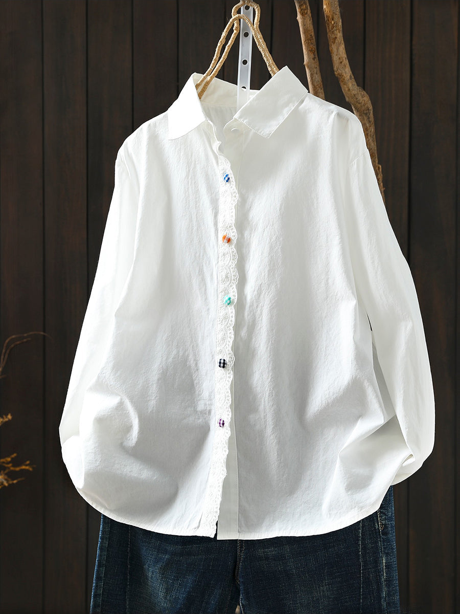 Women Spring Pure Color Turn-down Collar 100%Cotton Shirt