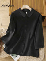 Women'sSolid Color Lapel 3/4 Sleeves Casual Linen Shirt