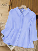 Women'sSolid Color Lapel 3/4 Sleeves Casual Linen Shirt