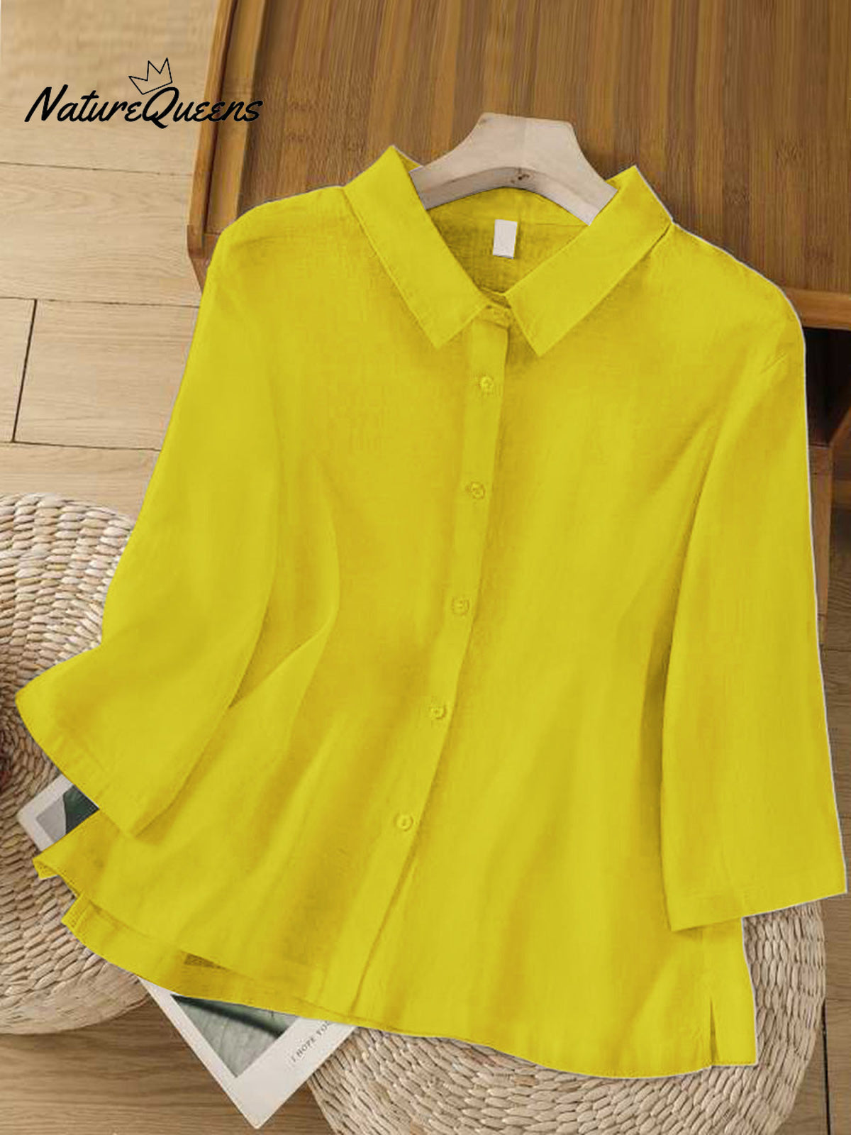Women'sSolid Color Lapel 3/4 Sleeves Casual Linen Shirt