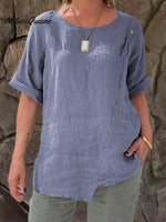Ladies Round Neck Solid Color Casual Cotton and Linen Short Sleeve Shirt