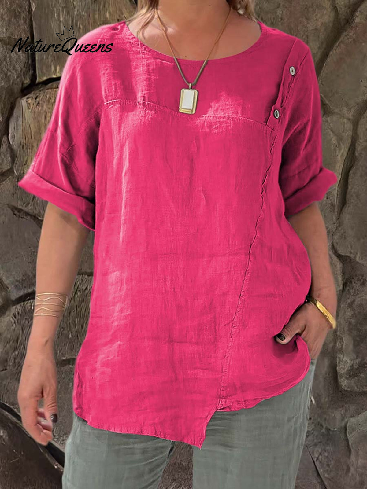 Ladies Round Neck Solid Color Casual Cotton and Linen Short Sleeve Shirt