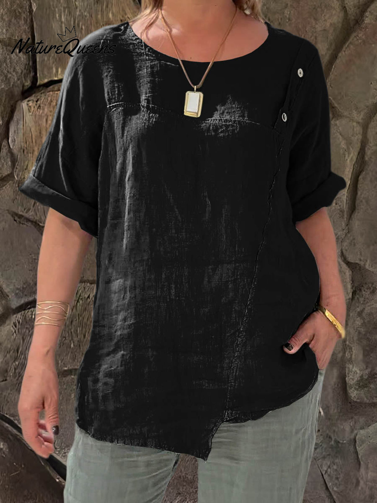 Ladies Round Neck Solid Color Casual Cotton and Linen Short Sleeve Shirt