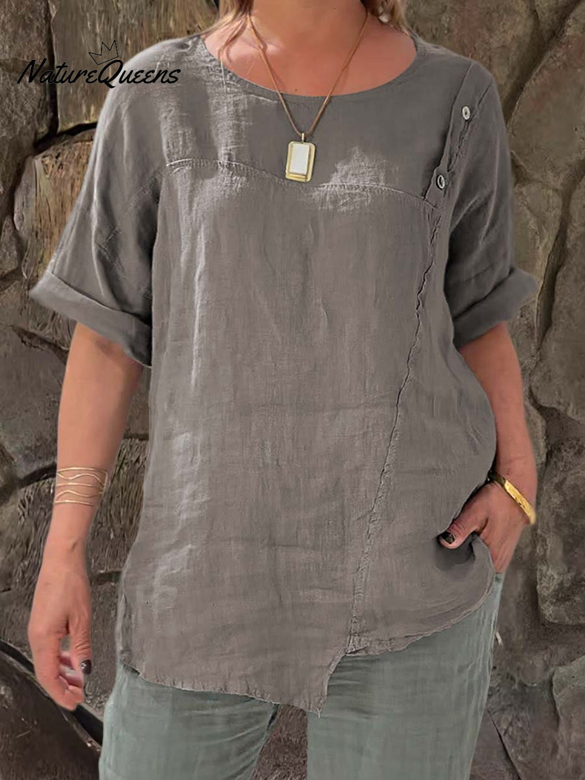 Ladies Round Neck Solid Color Casual Cotton and Linen Short Sleeve Shirt